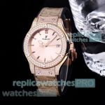 Iced Out Hublot Classic Fusion 33 Ladies Watches Rose Gold Copper Dial Quartz